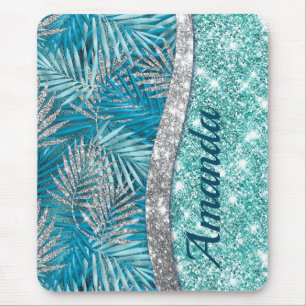 Girl-aquamarin-grüner Glitzer Blätter monogramm Mousepad