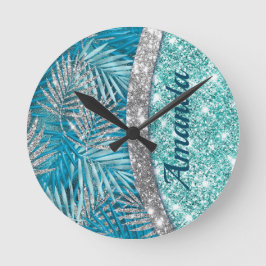 Girl-aquamarin-grüner Glitzer Blätter monogramm Runde Wanduhr