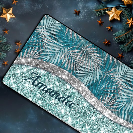Girl-aquamarin-grüner Glitzer Blätter monogramm Schreibtischunterlage