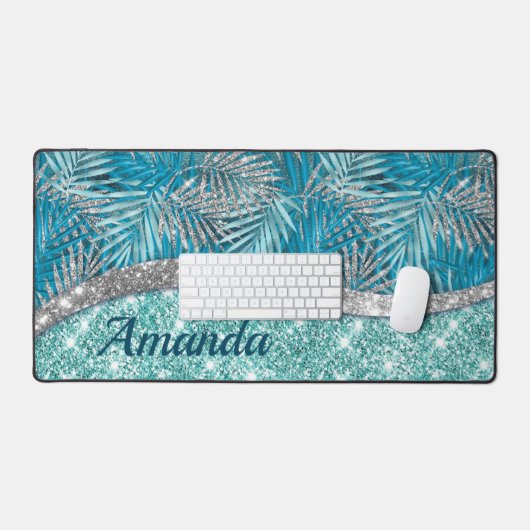 Girl-aquamarin-grüner Glitzer Blätter monogramm Schreibtischunterlage (Tastatur & Maus)