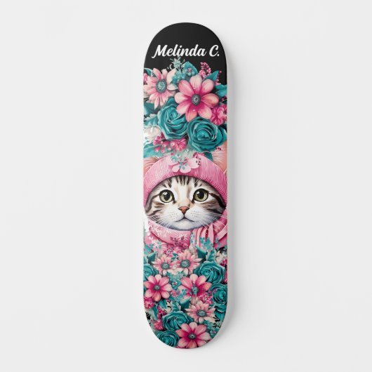 Girl Aquamarin & Pink Blume Weihnachten Kitten Skateboard (Vorderseite)