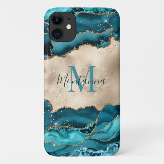 Girl Aquamarin Turquoise & Gold Agate Stone Monogr Case-Mate iPhone Hülle (Rückseite)