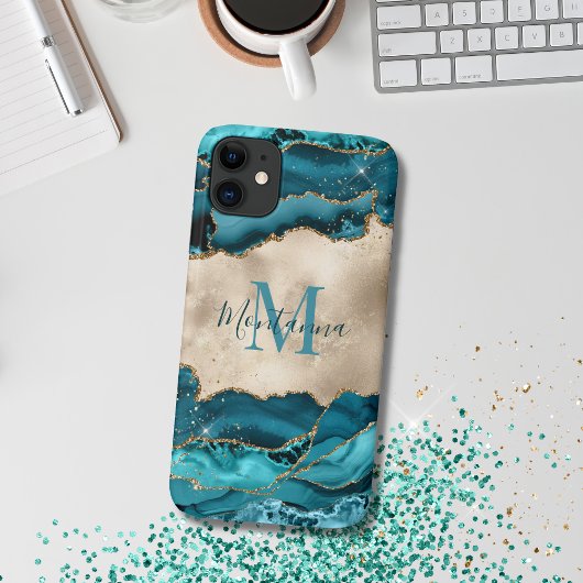 Girl Aquamarin Turquoise & Gold Agate Stone Monogr Case-Mate iPhone Hülle