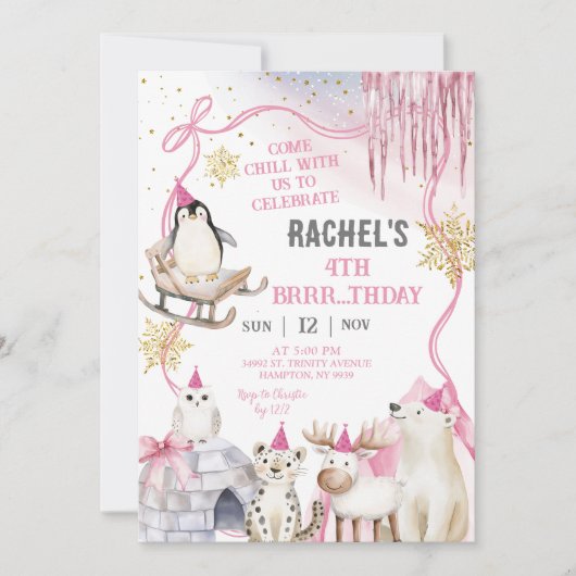 Girl Arctic Animals Birthday Party Invitation Einladung (Vorderseite)