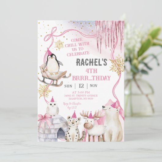 Girl Arctic Animals Birthday Party Invitation Einladung (Stehend Vorderseite)