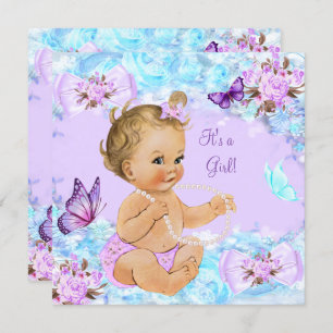 Girl Baby Dusche Aquamarine Lila Butterfly Blonde Einladung