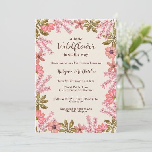 Girl Baby Dusche Blütendusche Wildblume Rosa Sweet Einladung (Stehend Vorderseite)
