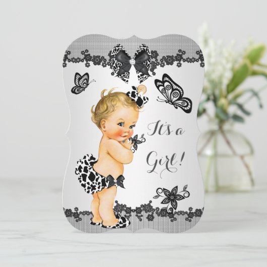 Girl Baby Dusche Butterfly Schwarz-weiß Blonde Einladung (Stehend Vorderseite)