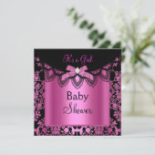 Girl Baby Dusche Damask Hot Pink Black Einladung (Stehend Vorderseite)