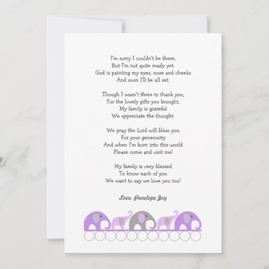 Girl-Baby-Dusche danke Ihnen Notizen mit Gedicht (Vorderseite)