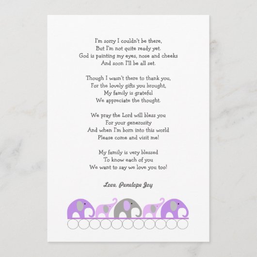 Girl-Baby-Dusche danke Ihnen Notizen mit Gedicht (Vorderseite)