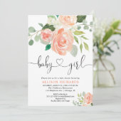 Girl baby dusche florale Aquarelle Pfirsichgrün Einladung (Stehend Vorderseite)