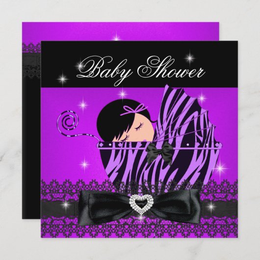 Girl Baby Dusche Party Lila Black Lace Einladung (Vorne/Hinten)