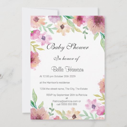 Girl Baby Dusche Party Rosa Blume Einladung (Rückseite)