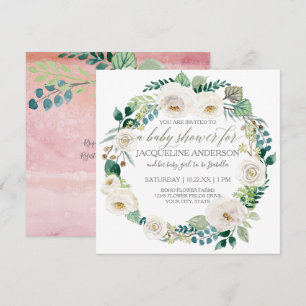 Girl Baby Dusche Pink in White Roses Leaf Kranz Einladung