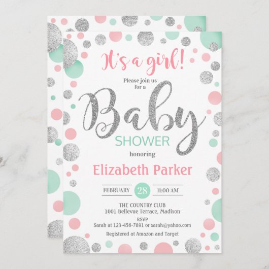 Girl Baby Dusche - Pink Mint Silver Dots Einladung (Vorne/Hinten)