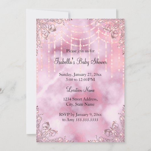 Girl Baby Dusche Pink Pearl American Einladung (Rückseite)