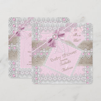 Girl Baby Dusche Pink Pearl Bow Lace Burlap 2 Einladung