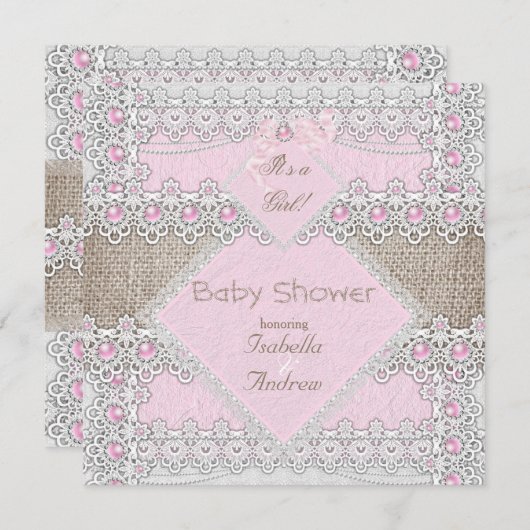 Girl Baby Dusche Pink Pearl Bow Lace Burlap 3 Einladung (Vorne/Hinten)