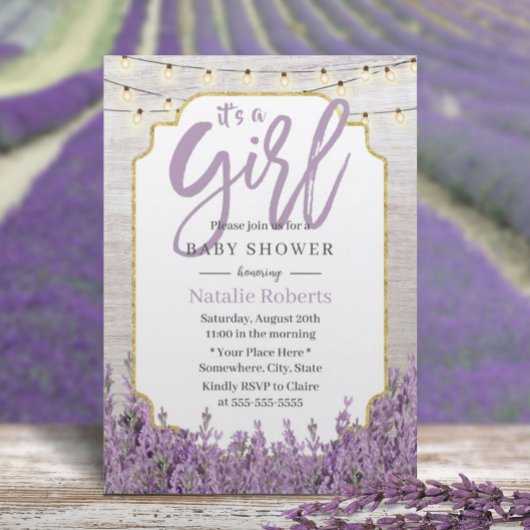 Girl Baby Dusche Rustikale Lavendel String Lights Einladung