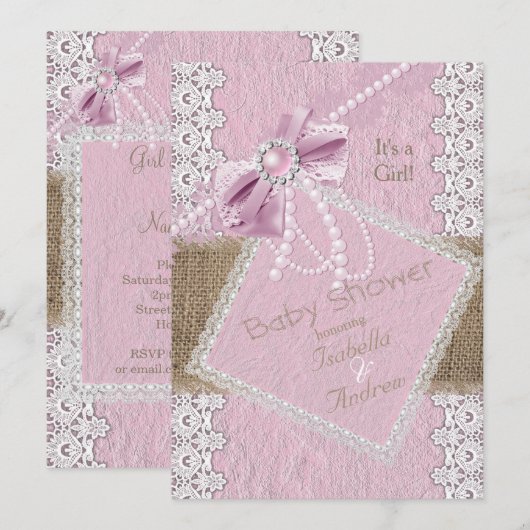 Girl Baby Dusche Rustikale Pink Bow Pearl Lace Bur Einladung (Vorne/Hinten)