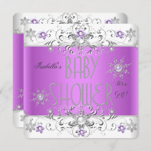 Girl Baby Dusche Winter Wonderland Lila White Einladung (Vorne/Hinten)