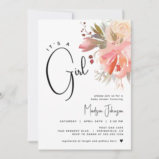 Girl Baby Duwer Bloral Einladung (Vorderseite)