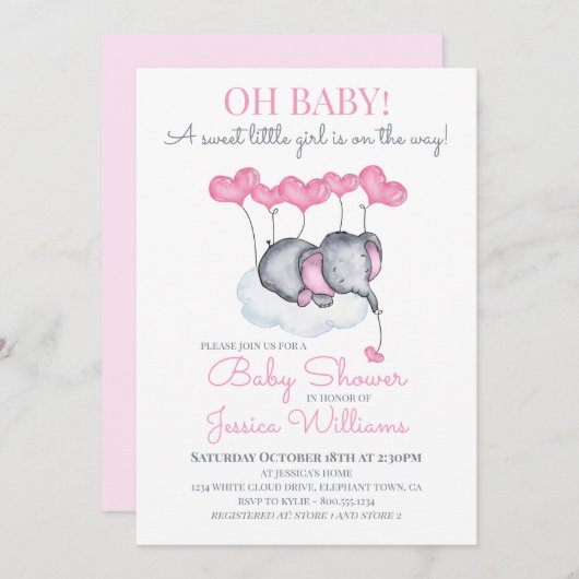 Girl Baby Duwer Pink Elefant auf Cloud Einladung (Vorne/Hinten)