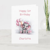 Girl Baby Elephant 1st Birthday Karte (Vorderseite)