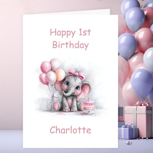 Girl Baby Elephant 1st Birthday Karte