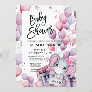 Girl Baby Elephant Pink Balloons Niedlich Babydusc Einladung