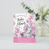 Girl Baby Elephant Pink Balloons Sweet Baby Dusche Einladungspostkarte (Stehend Vorderseite)