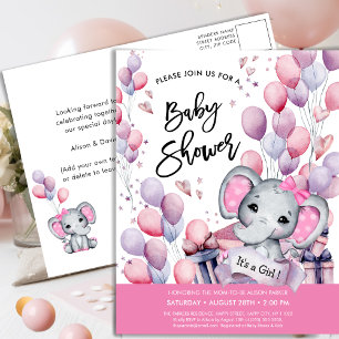 Girl Baby Elephant Pink Balloons Sweet Baby Dusche Einladungspostkarte
