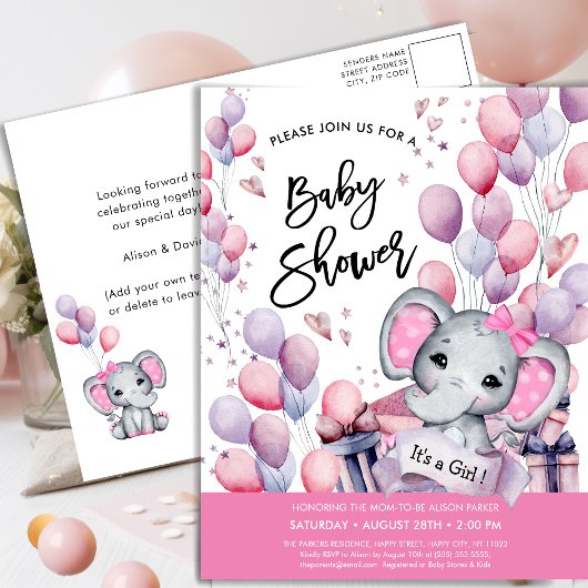 Girl Baby Elephant Pink Balloons Sweet Baby Dusche Einladungspostkarte