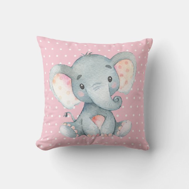 Girl Baby Elephant Pink und Grau Kissen (Vorderseite)