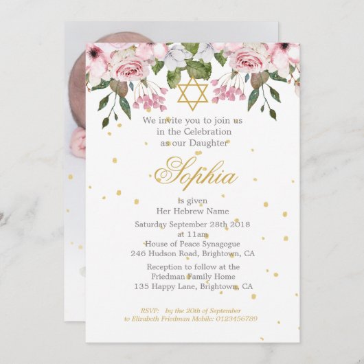 Girl Baby Foto Hebrew Namemony Zeremony Floral Einladung (Vorne/Hinten)