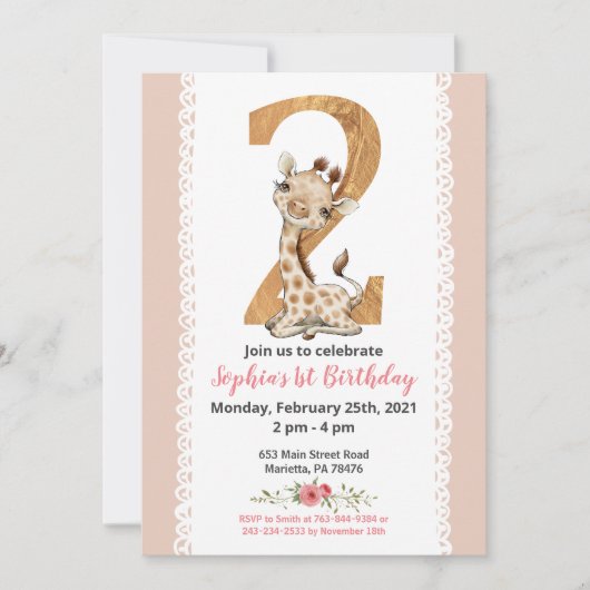 Girl Baby Giraffe 2. Geburtstag Einladung (Vorderseite)