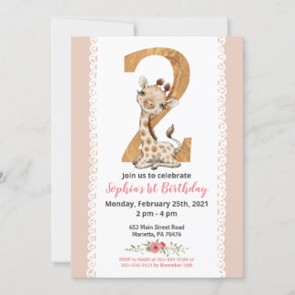 Girl Baby Giraffe 2. Geburtstag Einladung