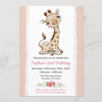 Girl Baby Giraffe Geburtstagsparty Einladung