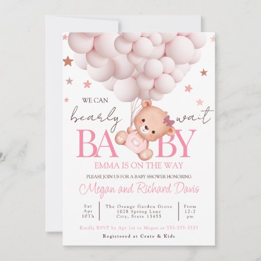 Girl Baby Invite Bear Template Bearly Sweet Einladung (Vorderseite)