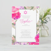 Girl Baby Namemony Zeremonie Hebrew Floral Silver Einladung (Stehend Vorderseite)