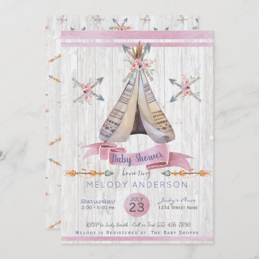 Girl Baby Pink Dusche Boho Chic Teepee & Arrows Einladung (Vorne/Hinten)