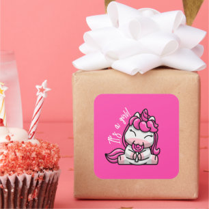 Girl Baby Pink Unicorn Gender Reveal Party Quadratischer Aufkleber