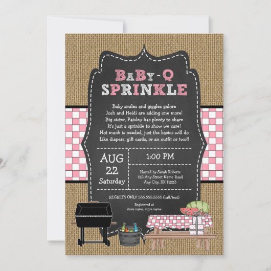 Girl Baby Q Sprinkle, GRILLEN Baby Dusche Einladung (Vorderseite)