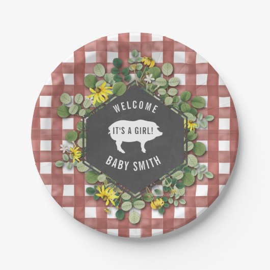 Girl Baby Q Wildblume Gingham Baby Shower Pappteller (Vorderseite)