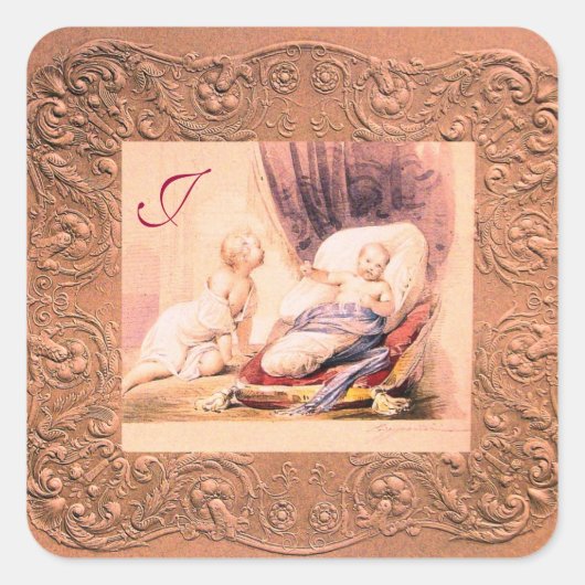 GIRL BABY SHOWER ANTIQUE PINK FLORAL MONOGRAM QUADRATISCHER AUFKLEBER (Vorderseite)