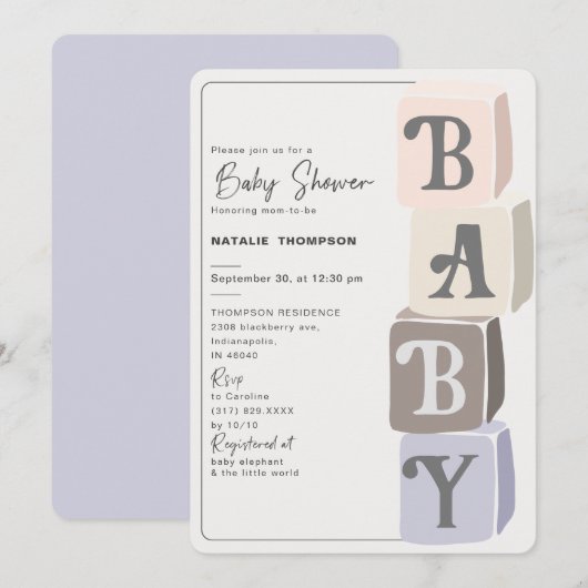 Girl Baby Shower Blocks Lila Einladung (Vorne/Hinten)