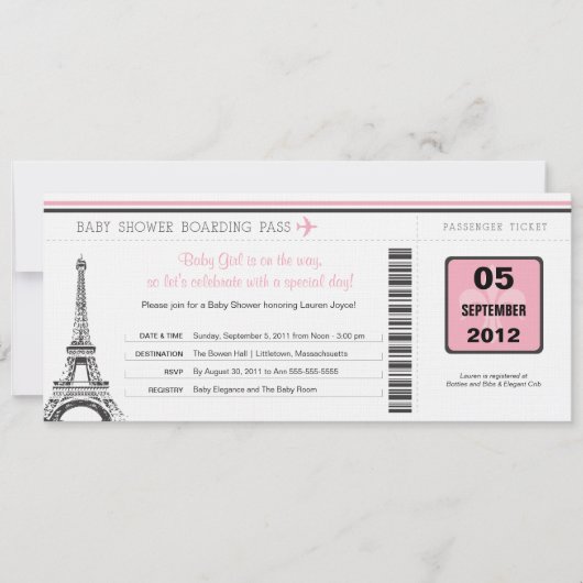 Girl Baby Shower Boarding Pass - Paris Einladung (Vorderseite)