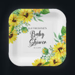 Girl Baby Shower Boho Sunflowers | Eukalyptus Pap Pappteller<br><div class="desc">Klassische und stilvolle,  moderne Sonnenblumen und Eukalyptus und andere grüne Designerin "Baby Shower" auf einem essbaren weißen Hintergrund.</div>