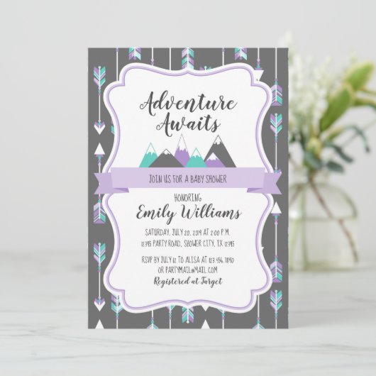 Girl Baby Shower Einladung Adventure erwartet (Stehend Vorderseite)